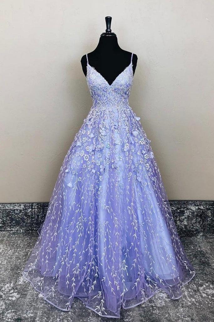 Vestido largo de noche de fiesta con encaje floral lavanda, escote en V y corte en A