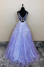 Vestido largo de noche de fiesta con encaje floral lavanda, escote en V y corte en A