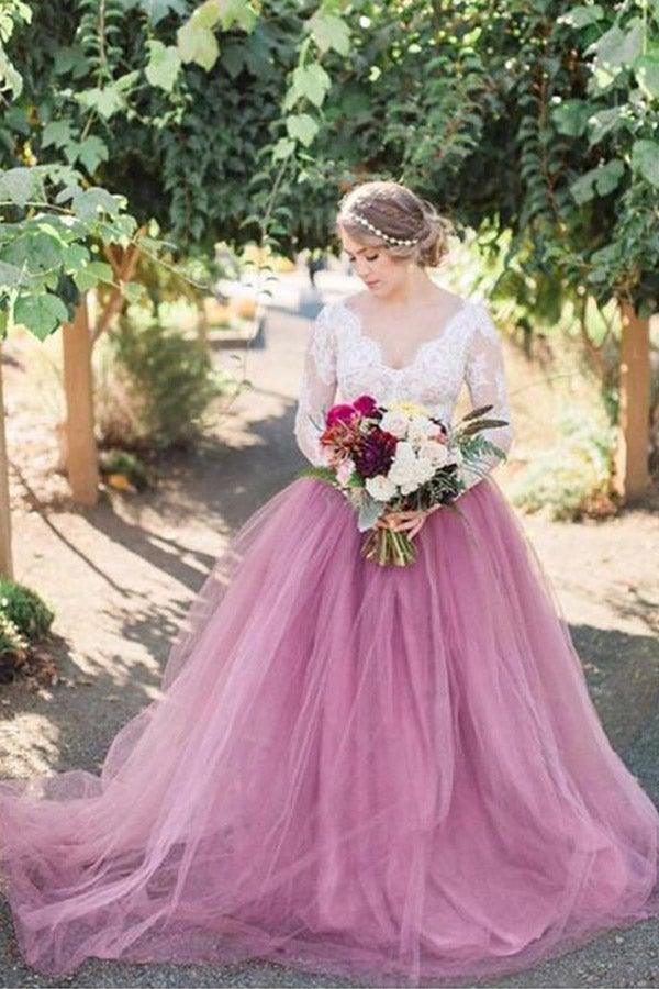 Vestido de novia rosa de tul, corte en A, escote en V, mangas largas y apliques de encaje WD545
