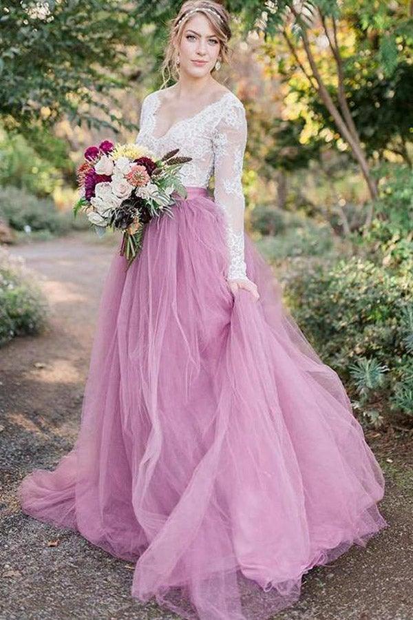 Vestido de novia rosa de tul, corte en A, escote en V, mangas largas y apliques de encaje WD545
