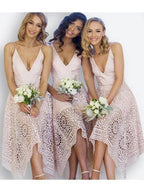 Vestido de dama de honor/baile/regreso a casa, corte en A, escote en V, encaje rosa perlado BD053