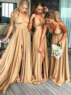 Vestido de fiesta de graduación de corte A, escote en V, cola de barrido, de paja y spandex con abertura PG658