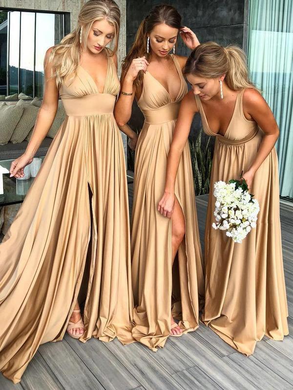 Vestido de fiesta de graduación de corte A, escote en V, cola de barrido, de paja y spandex con abertura PG658