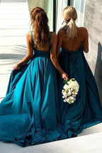 Vestido de fiesta de graduación de corte A, escote en V, cola de barrido, de paja y spandex con abertura PG658