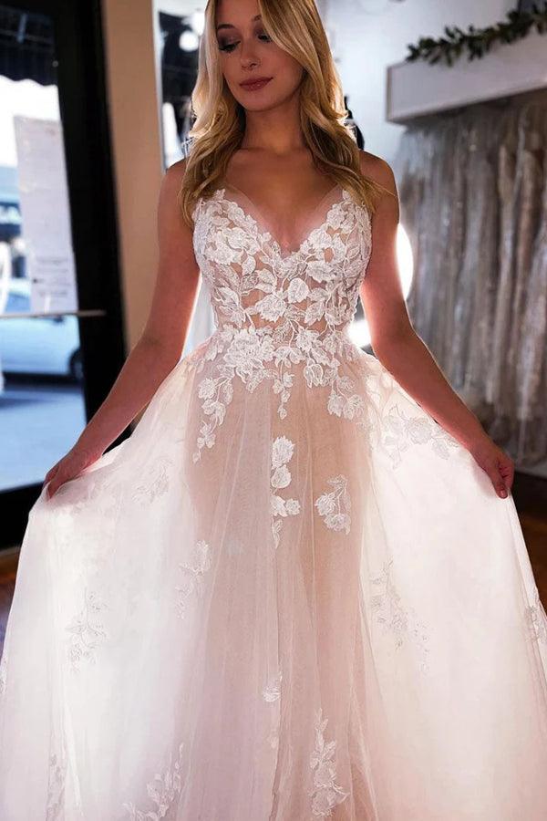 Vestido de novia corte A, escote en V, tul color champán claro, encaje marfil WD595