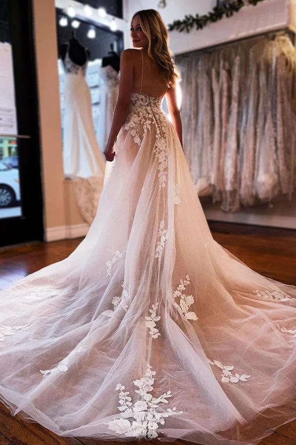 Vestido de novia corte A, escote en V, tul color champán claro, encaje marfil WD595