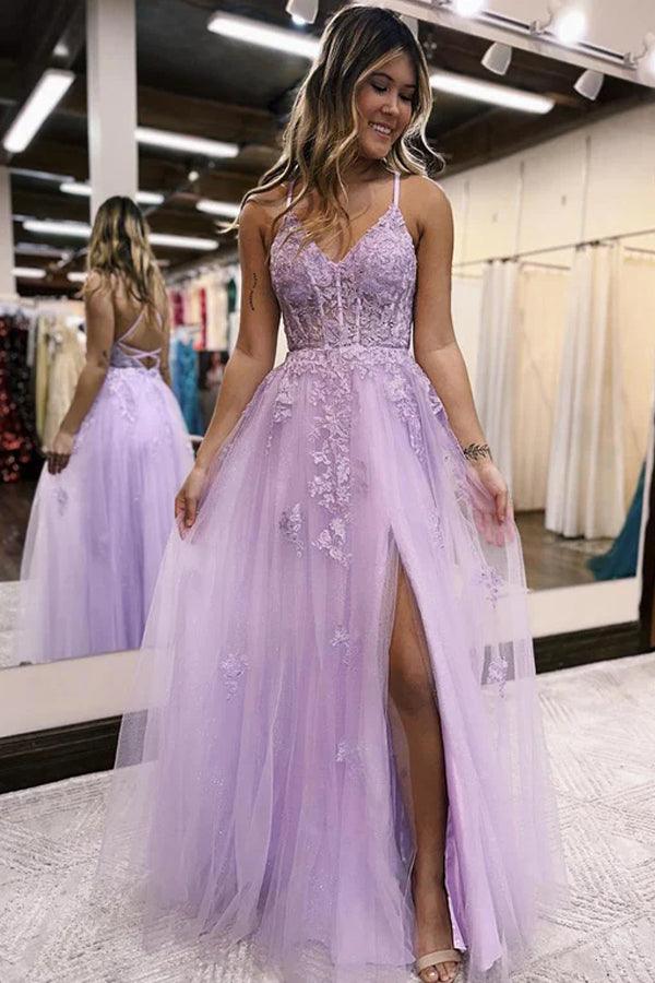 Vestido de noche de fiesta con escote en V, corte en A, tul lila, abertura larga