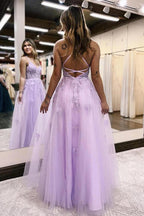 Vestido de noche de fiesta con escote en V, corte en A, tul lila, abertura larga