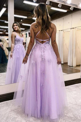 Robe de bal longue fendue en tulle lilas, coupe trapèze, col en V