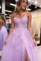 Vestido de noche de fiesta con escote en V, corte en A, tul lila, abertura larga