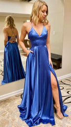 Robe de bal en satin à décolleté en V et fente SYP3