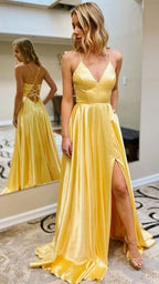 Robe de bal en satin à décolleté en V et fente SYP3