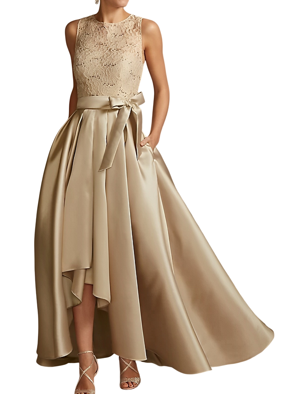Vestidos de corte princesa/línea A para la madre de la novia, sin mangas, con cuello joya y encaje plisado. 