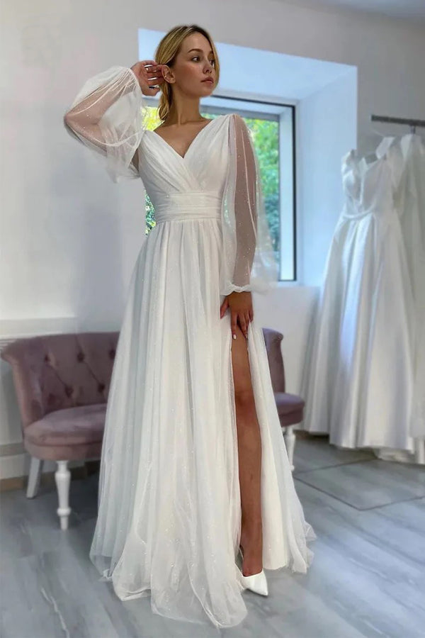 Vestido de novia playero de corte A, brillante, con escote en V y mangas largas WD750