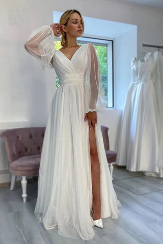 Vestido de novia playero de corte A, brillante, con escote en V y mangas largas WD750