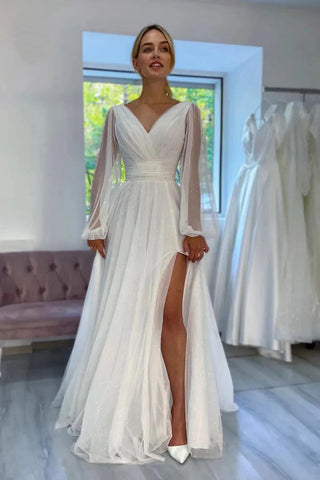 Vestido de novia playero de corte A, brillante, con escote en V y mangas largas WD750