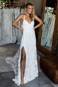 Vestido de novia playero de encaje, corte en A, espalda descubierta, cola corta, tirantes, WD108