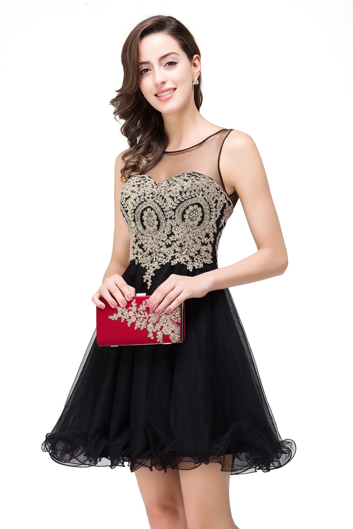 Vestidos de fiesta cortos sin mangas con apliques y corte en A 
