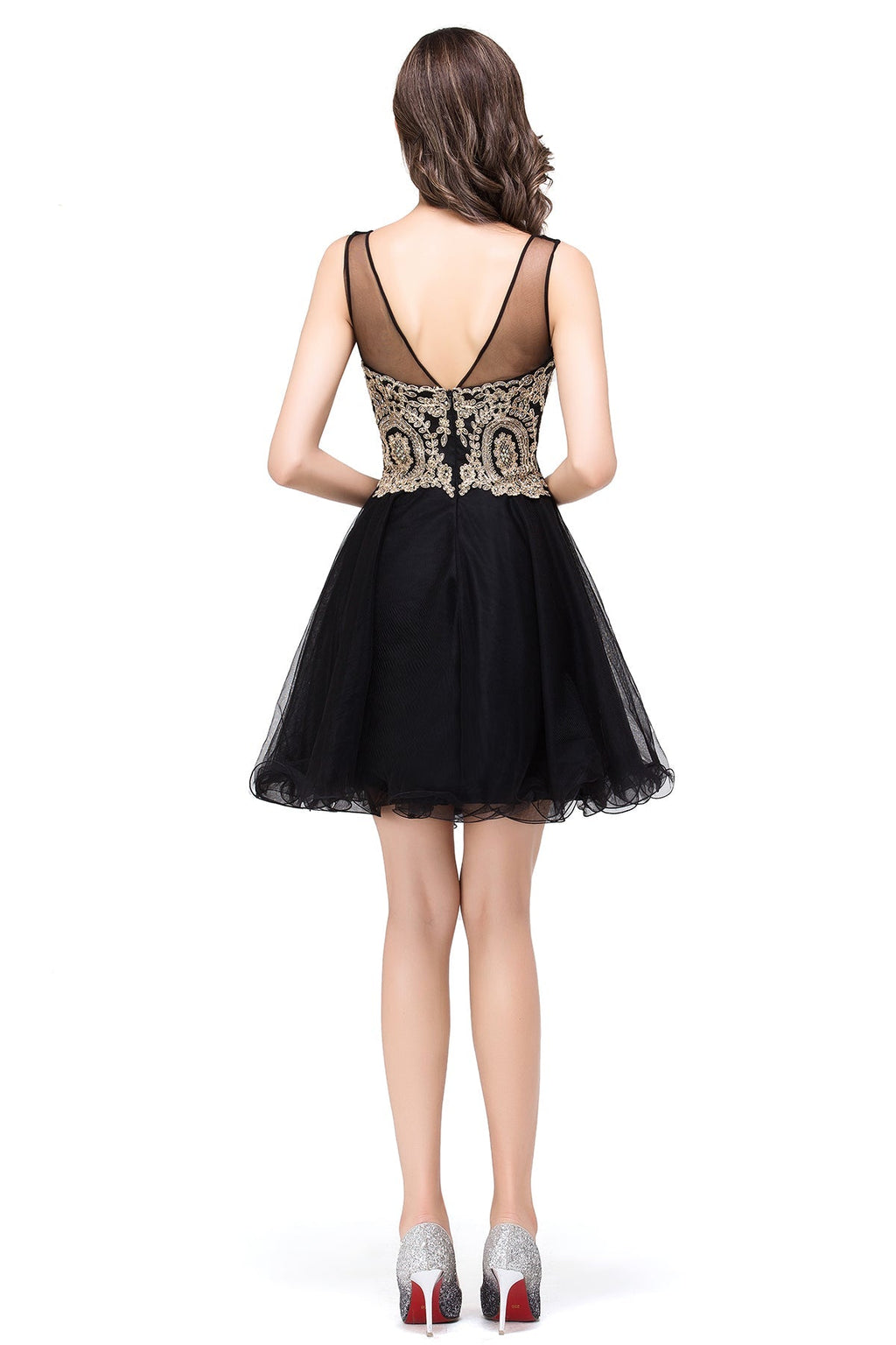 Vestidos de fiesta cortos sin mangas con apliques y corte en A 