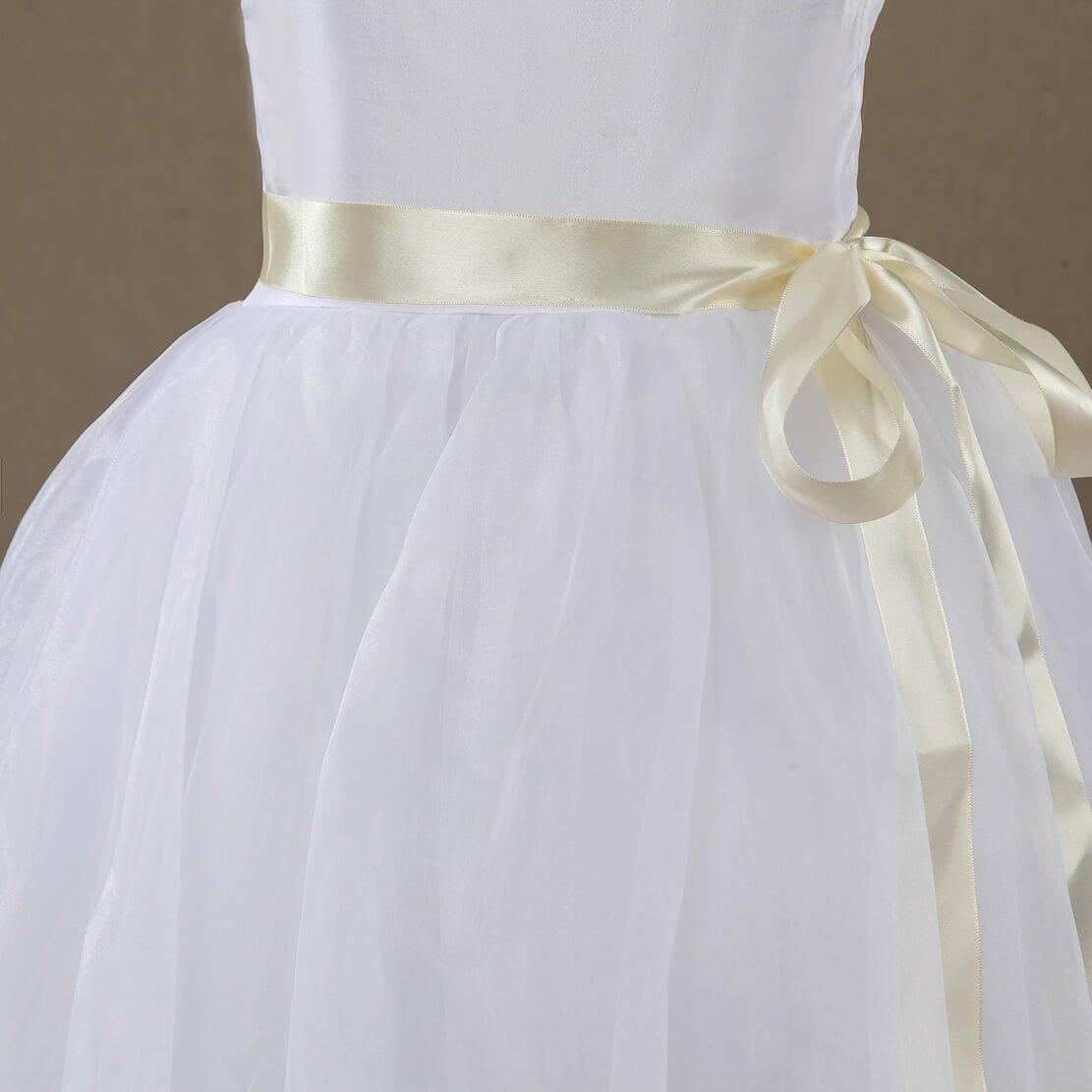 Vestido de niña de las flores de corte A, de tafetán a juego con tul, largo hasta la rodilla, escote cuadrado, tirantes, sin mangas