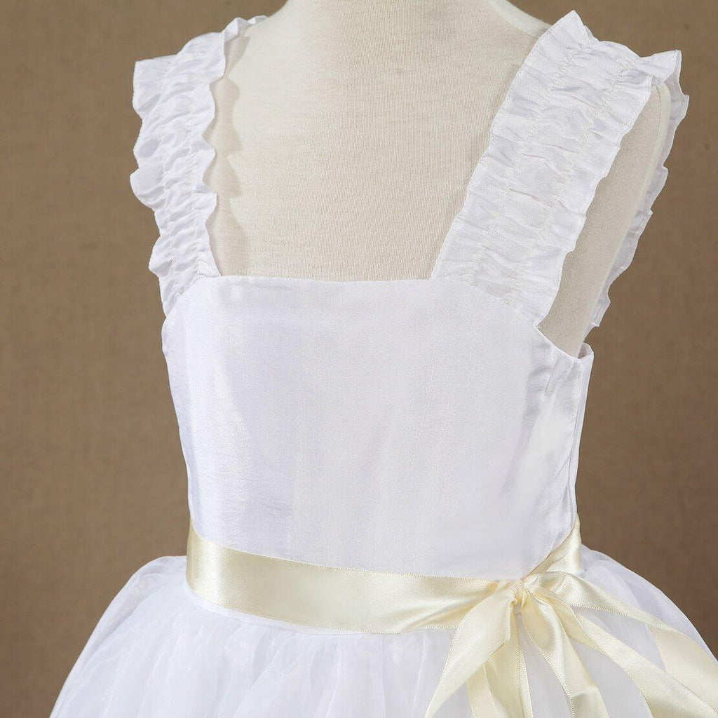 Vestido de niña de las flores de corte A, de tafetán a juego con tul, largo hasta la rodilla, escote cuadrado, tirantes, sin mangas