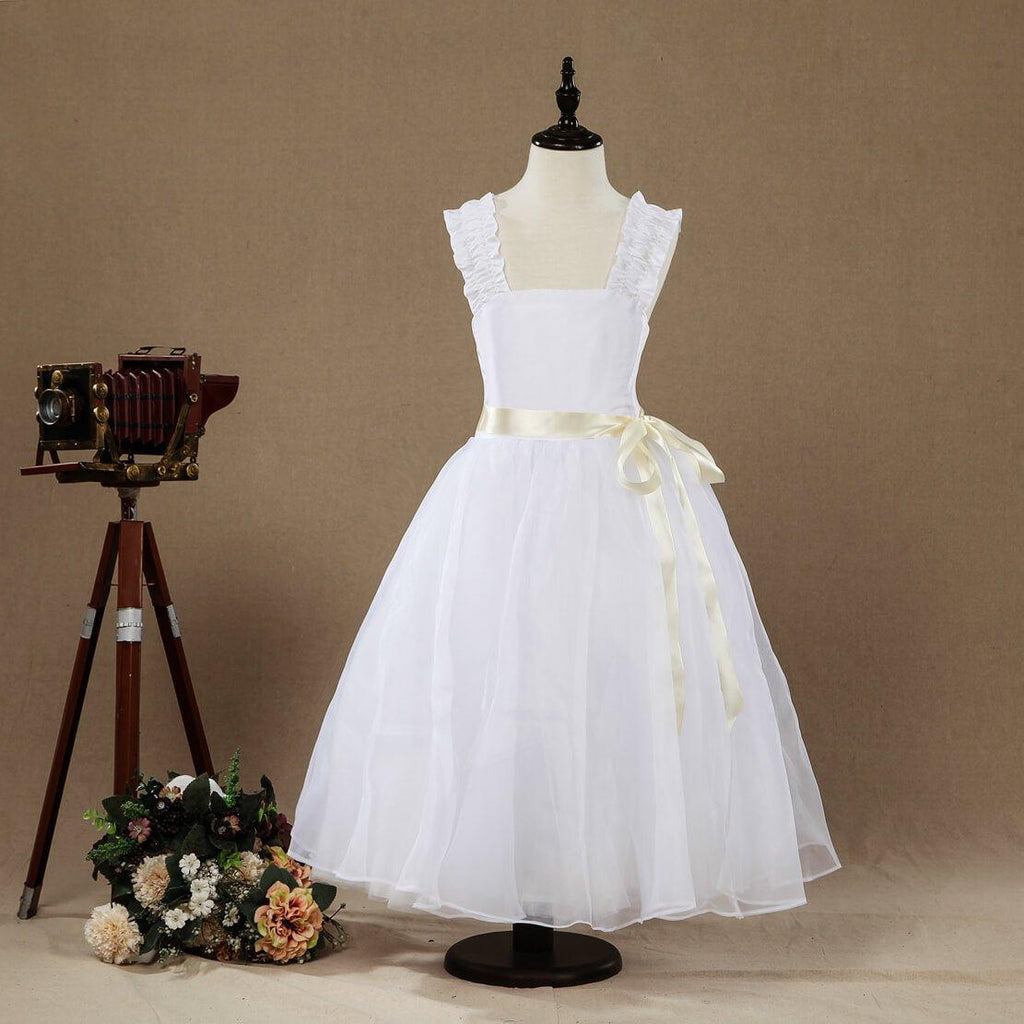 Vestido de niña de las flores de corte A, de tafetán a juego con tul, largo hasta la rodilla, escote cuadrado, tirantes, sin mangas