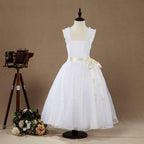 Vestido de niña de las flores de corte A, de tafetán a juego con tul, largo hasta la rodilla, escote cuadrado, tirantes, sin mangas