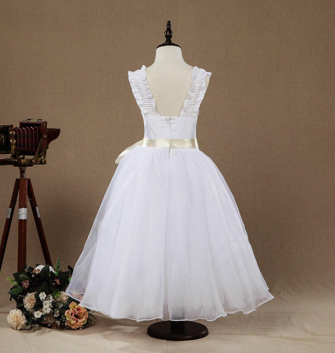 Vestido de niña de las flores de corte A, de tafetán a juego con tul, largo hasta la rodilla, escote cuadrado, tirantes, sin mangas