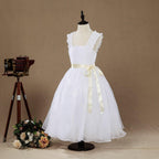 Vestido de niña de las flores de corte A, de tafetán a juego con tul, largo hasta la rodilla, escote cuadrado, tirantes, sin mangas