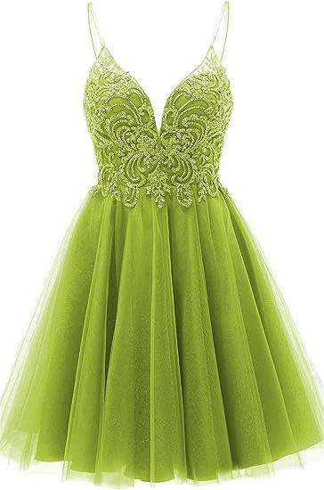 Vestido corto de fiesta de bienvenida con tirantes, apliques y corte en A
