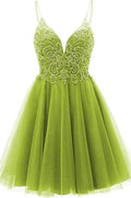 Vestido corto de fiesta de bienvenida con tirantes, apliques y corte en A