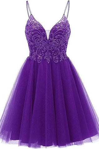 A-line Straps Appliques Tulle Short Homecoming Dress