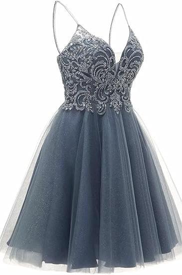 Vestido corto de fiesta de bienvenida con tirantes, apliques y corte en A