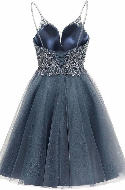 Vestido corto de fiesta de bienvenida con tirantes, apliques y corte en A