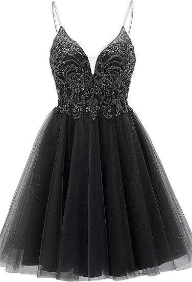 Vestido corto de fiesta de bienvenida con tirantes, apliques y corte en A
