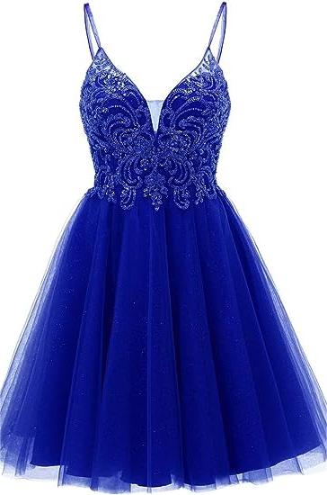 Vestido corto de fiesta de bienvenida con tirantes, apliques y corte en A