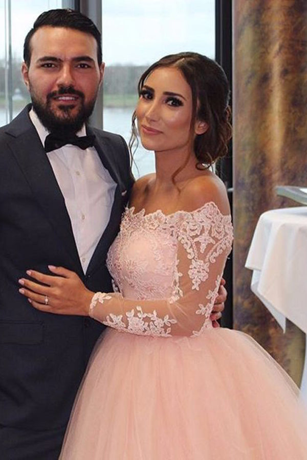 Vestido de novia corte A, rosa rubor, hombros descubiertos, manga larga WD688