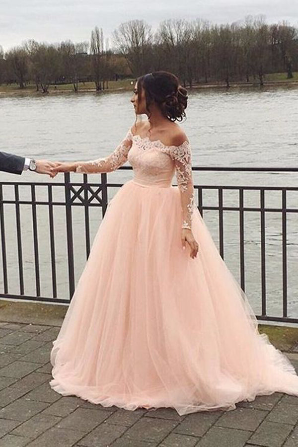 Vestido de novia corte A, rosa rubor, hombros descubiertos, manga larga WD688