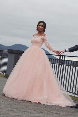 Vestido de novia corte A, rosa rubor, hombros descubiertos, manga larga WD688