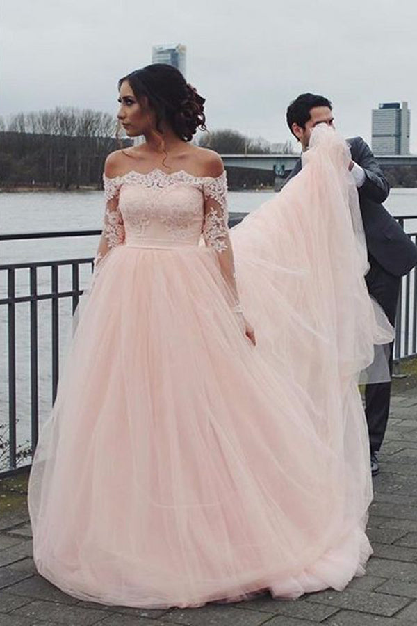 Vestido de novia corte A, rosa rubor, hombros descubiertos, manga larga WD688