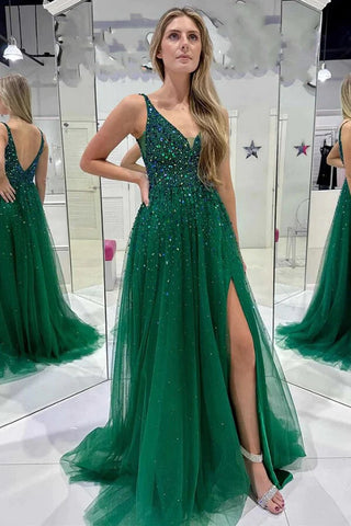 Vestidos de fiesta de tul con lentejuelas, escote en V, color verde oscuro, corte en A