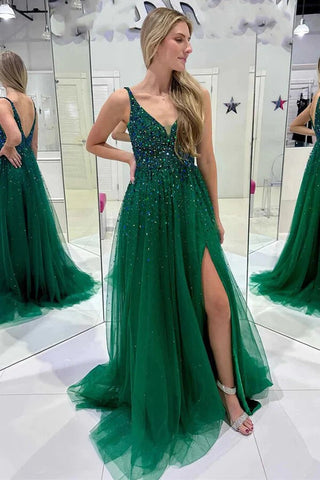 Vestidos de fiesta de tul con lentejuelas, escote en V, color verde oscuro, corte en A