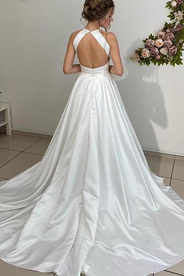 Vestidos de novia largos de satén, corte en A, escote halter, espalda descubierta y cinturón de cuentas WD562