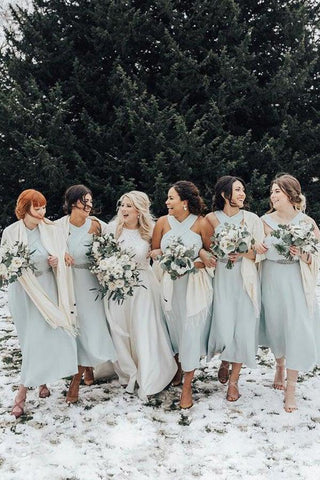 Vestidos de dama de honor de corte A, escote halter, plisados, de gasa, sin mangas, hasta la rodilla BD085