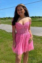 Vestido de fiesta de línea A con apliques de encaje rosa intenso, vestido de bienvenida PD460