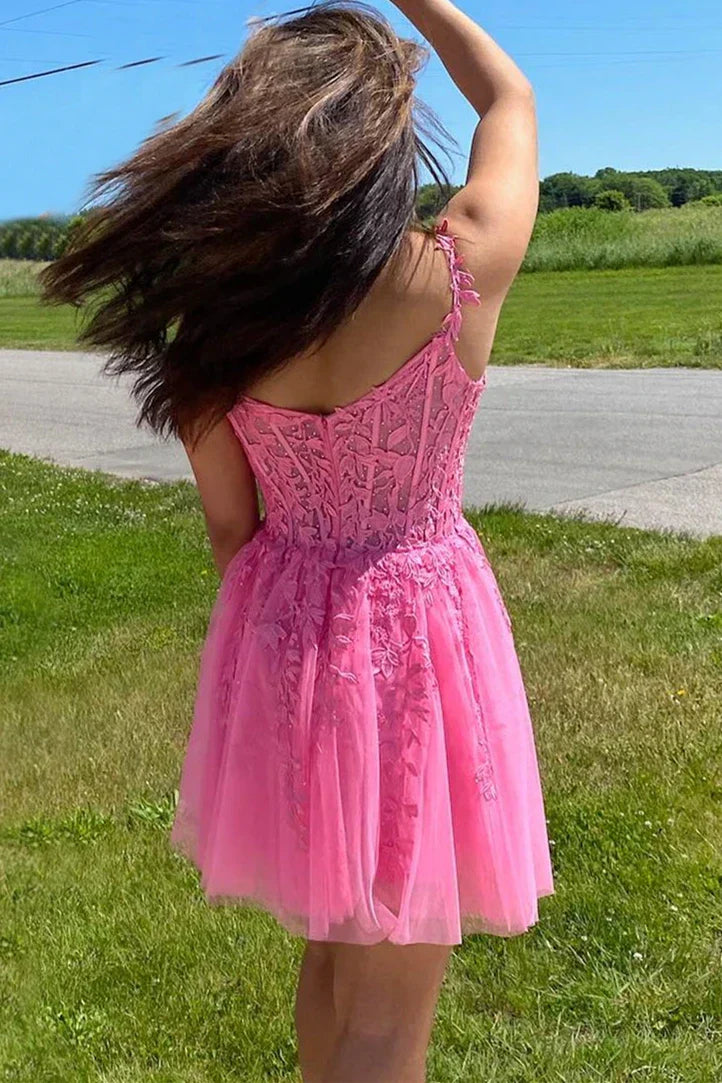 Vestido de fiesta de línea A con apliques de encaje rosa intenso, vestido de bienvenida PD460