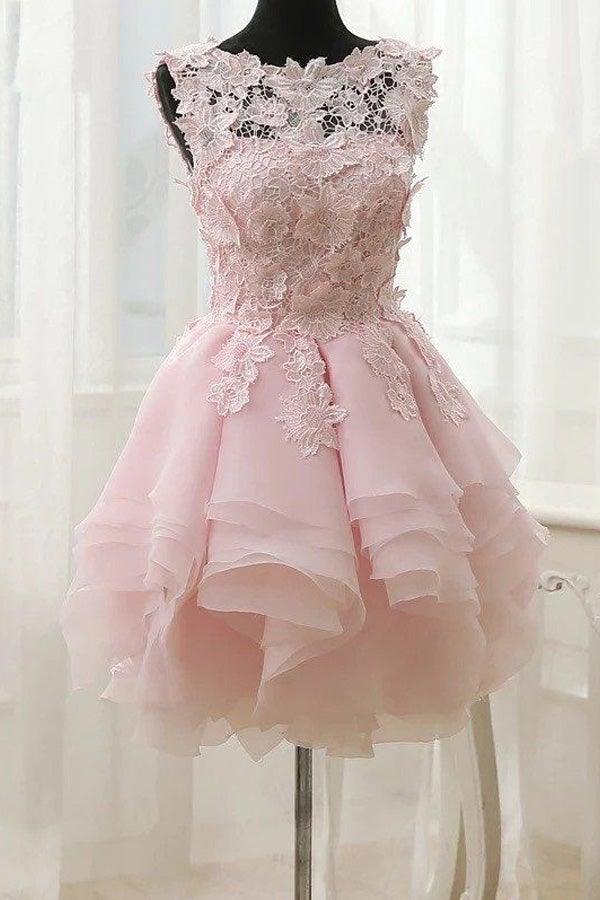 Vestidos de fiesta rosas con escote barco, corte en A y apliques de encaje PD429