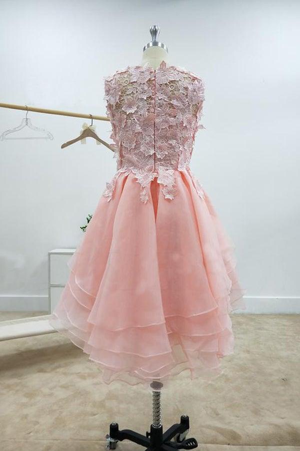 Vestidos de fiesta rosas con escote barco, corte en A y apliques de encaje PD429