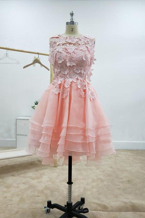 Vestidos de fiesta rosas con escote barco, corte en A y apliques de encaje PD429