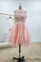 Vestidos de fiesta rosas con escote barco, corte en A y apliques de encaje PD429